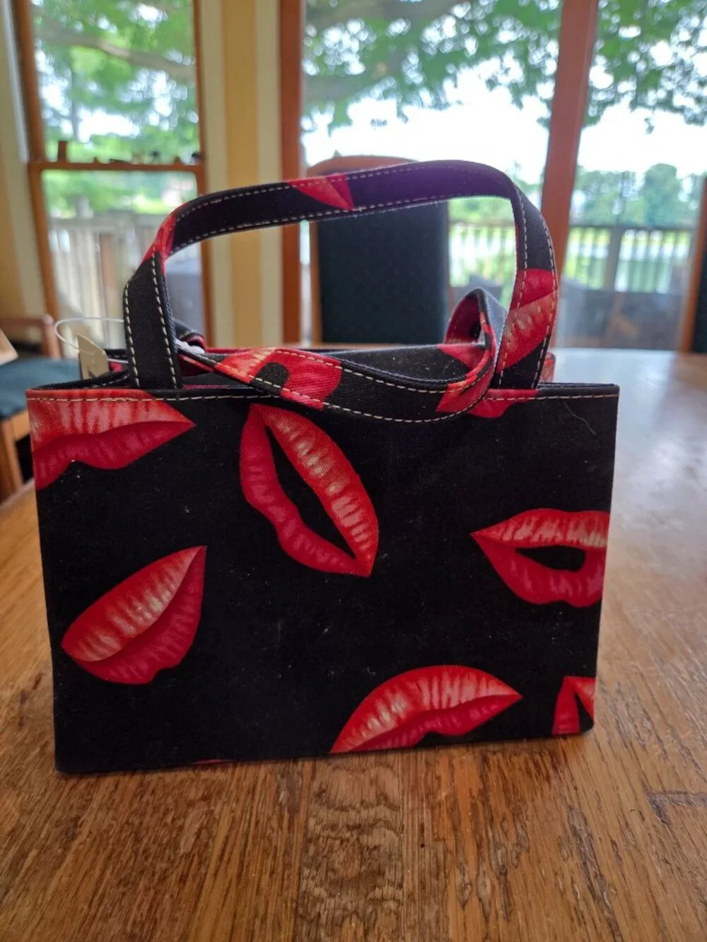 Vintage Kate Spade Black Canvas Red Lips Print Mini Tote Bag  8x6 Small